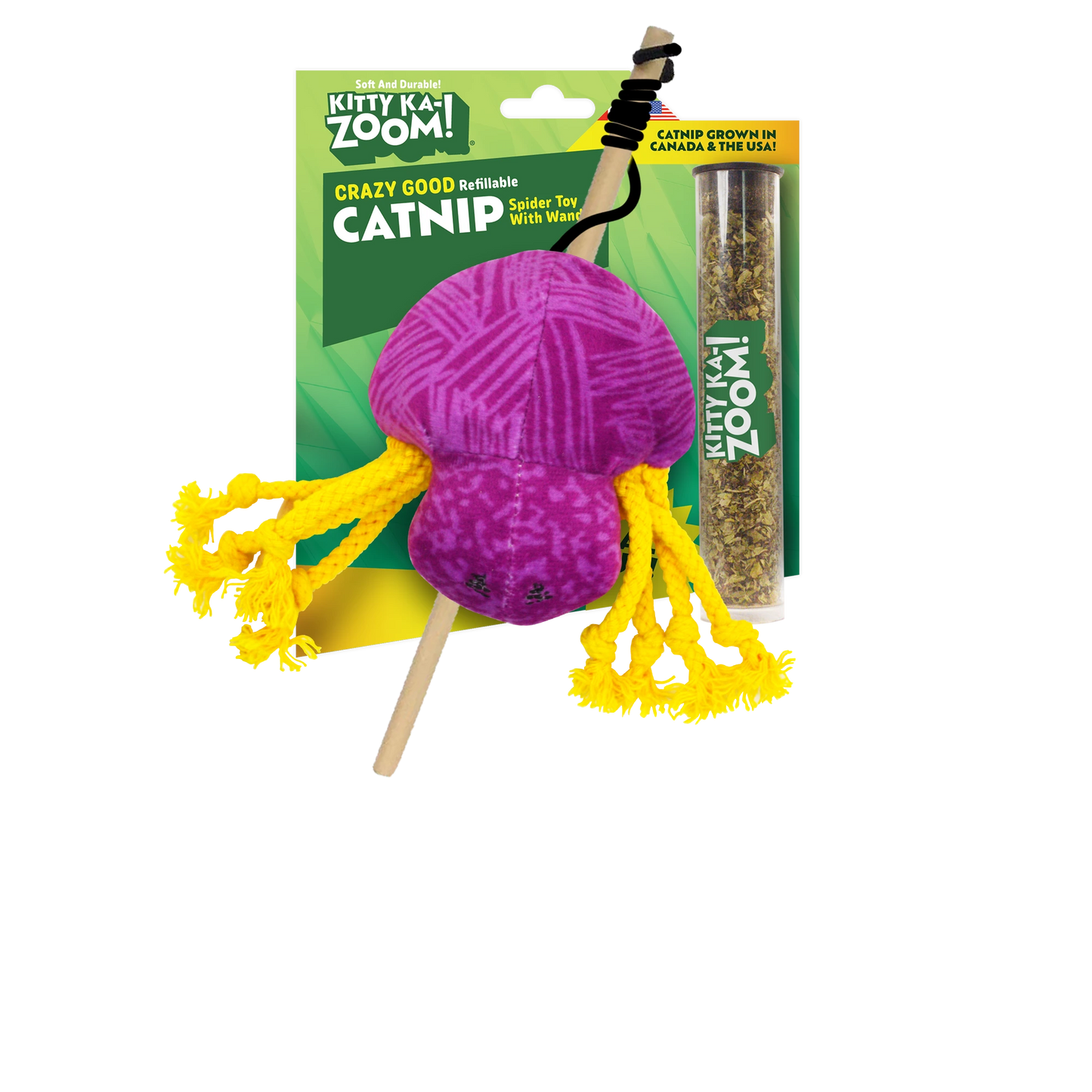 Kitty Ka-Zoom Zoomie Spider with Wand Refillable Catnip Toy